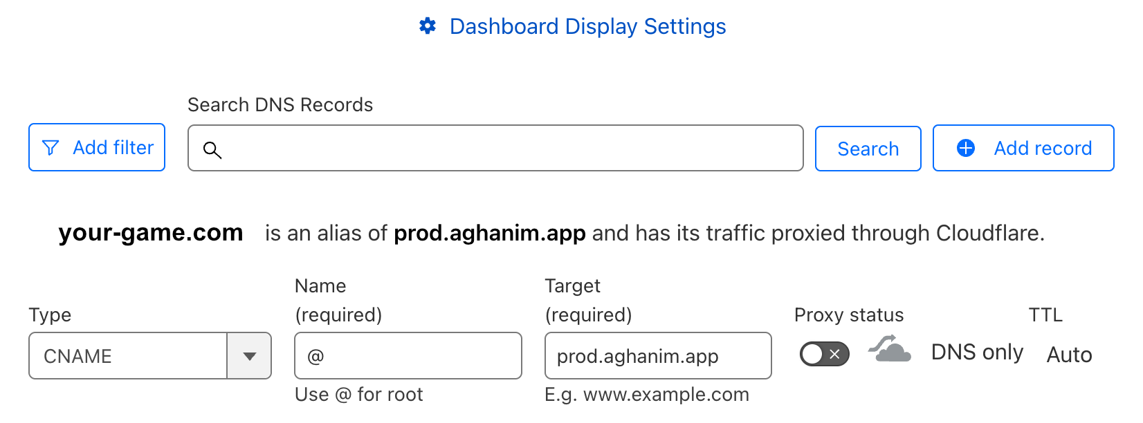 Example of DNS record setting